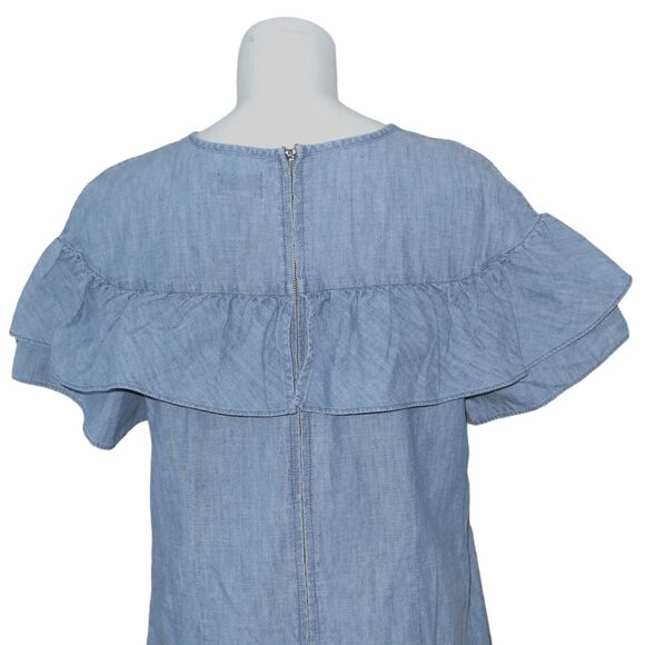 J. Crew Sz 12 Chambray Short Sleeve Dress Shoulder Ruffle Preppy Knee Length EUC - Picture 4 of 13